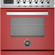 Bertazzoni PRO64L1EROT2 fornuis vooraanzicht met rood onderkast, rvs bovenkast met vier gasvlammen en bedieningspaneel