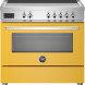 Bertazzoni PRO95I1EGIT2 fornuis vooraanzicht met gele kastdeur, inductiekookplaat met bedieningspaneel en vijf knoppen