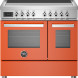 Bertazzoni PRO95I2EART2 fornuis vooraanzicht met oranje front, twee ovens, inductiekookplaat en bedieningsknoppen