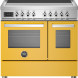 Bertazzoni PRO95I2EGIT2 fornuis vooraanzicht geel met twee ovens, inductiekookplaat en bedieningsknoppen
