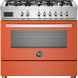 Bertazzoni PRO96L1EART2 fornuis vooraanzicht met zes gasbranders, bedieningspaneel en oranje kastdeur