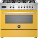 Bertazzoni PRO96L1EGIT2 fornuis vooraanzicht met gele oven, gasfornuis bovenblad met zes branders en bedieningspaneel