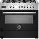 Bertazzoni PRO96L1ENET2 fornuis vooraanzicht met zes gasvlammen, bedieningspaneel en zwart-metallic oven beneden