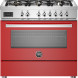 Bertazzoni PRO96L1EROT2 fornuis vooraanzicht met zes gasbranders, rood kastgedeelte en oven met gesloten deur