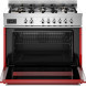 Bertazzoni PRO96L1EROT2 fornuis met geopende ovendeur en uitgetrokken lade, rood kastgedeelte