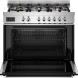 Bertazzoni PRO96L1EROT2 fornuis volledig geopend met ovendeur en lade, zwart kastgedeelte