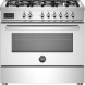 Bertazzoni PRO96L1EXT2 fornuis vooraanzicht met zes gasbranders, bedieningspaneel en gesloten ovenuitklaprand