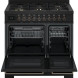 Bertazzoni PRO96L2ECAT2 fornuis geopende deuren met zicht op twee oveninterieur met roosters en voetsteun