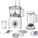 Bosch MCM3200W keukenmachine met toebehoren; vooraanzicht complete set met werkschalen, messen en blender- en sapcentrifugekan