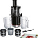 Bosch MESM731M slow juicer vooraanzicht met twee glazen pulpbakken en drie filterzeefsets