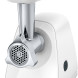 Bosch MFW2500W SmartPower vleesmolen vooraanzicht met ingrediëntenbak, maalsysteem en afzuigschaal