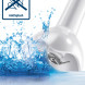 AntiSplash-logo en staafmixer onderdompeld in spattend water, demonstratie spatbescherming