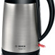 Bosch TWK3P420 DesignLine waterkoker vooraanzicht met roestvrijstalen behuizing en zwarte bovenrand