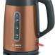 Bosch TWK4P439 DesignLine waterkoker vooraanzicht met infovenster waterhoogtemarkeringen en koppelingsbasis