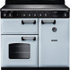 Falcon Classic 2026 100 Inductie fornuis vooraanzicht met inductiekookplaat, bedieningsknoppen en twee ovens in lichtblauw