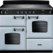 Falcon Classic 2026 110 Inductie fornuis vooraanzicht met inductiekookplaat, bedieningspaneel en twee ovens in lichtblauw