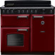 Falcon Classic Deluxe 2026 100 Inductie fornuis, vooraanzicht in rood met zwart inductiekookplaat en twee ovens