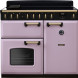 Falcon Classic Deluxe 100 inductiefornuis vooraanzicht in roze met zwart bedieningspaneel en twee ovens