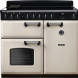 Falcon Classic Deluxe 2026 100 Inductie fornuis vooraanzicht met inductiekookplaat, bedieningsknoppen en twee ovens in crème en zwart