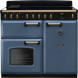 Falcon Classic Deluxe 2026 100 Inductie fornuis vooraanzicht in blauw met zwart bedieningspaneel en twee ovens