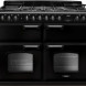 Falcon CLDLB110DFPGBL/CM_E1 fornuis, zwart, vooraanzicht met 6 gasvlammen, bedieningsknoppen en twee ovens