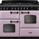Falcon CLDLO110DFPHTH/CM_E1 dualfuel fornuis, roze voorkant met twee ovens en zwart gasfornuis bovenkant