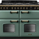 Falcon CLDLB110DFPMGR/AB in groen met zwart gastkooktoestel, vooraanzicht met dubbele ovens