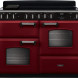 Falcon Classic Deluxe 2026 110 Inductie fornuis vooraanzicht in bordeauxrood met zwart bedieningspaneel en twee ovens
