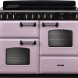 Falcon Classic Deluxe 2026 110 Inductie fornuis, vooraanzicht in roze met zwart bedieningspaneel en dubbele ovens