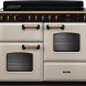 Falcon Classic Deluxe 110 inductie fornuis vooraanzicht, crème kasteel met twee ovens en inductiekookplaat