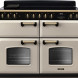 Falcon Classic Deluxe 2026 110 Inductie fornuis vooraanzicht met crèmekleurige oven en twee ovenkastjes