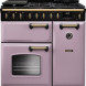 Falcon Classic Deluxe 90 Gas fornuis vooraanzicht roze met zwart bedieningspaneel en dubbele ovens