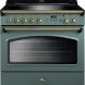 Falcon Classic FX 90 Inductie fornuis vooraanzicht in mintgroen met goudkleurige knoppen en afwerking