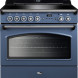 Falcon Classic FX 90 Inductie fornuis vooraanzicht in blauwgrijs met bedieningspanelen en ovenraam