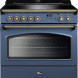 Falcon Classic FX 90 Inductie fornuis blauw met messing bedieningselementen vooraanzicht