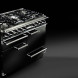 Falcon Deluxe 1092 Gas fornuis, zijaanzicht met geopende ovendeur en gasbranders
