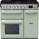 Falcon Estel Deluxe 90 Gas fornuis in mint groen, vooraanzicht met dubbele ovens en gasfornuis