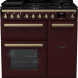 Falcon Estel Deluxe 90 Gas fornuis in bourgondië rood, vooraanzicht met dubbele ovens en gasfornuis