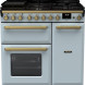 Falcon Estel Deluxe 90 Gas fornuis lichtblauw vooraanzicht met gasfornuis, dubbele oven en bedieningspaneel