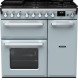 Falcon Estel Deluxe 90 Gas fornuis vooraanzicht, lichtblauw, twee ovens en gasfornuis met bedieningsknoppen