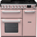 Falcon Estel Deluxe 90 Gas fornuis roze, vooraanzicht met gaskookplaat, twee ovens en bedieningspaneel