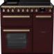 Falcon ESDL90EIPBOR/AB_E1 inductie fornuis vooraanzicht in bordeaux rood met dubbele ovens en bedieningspaneel