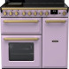 Falcon Estel Deluxe 90 Inductie fornuis vooraanzicht, paarse afwerking met zwarte inductiekookplaat en dubbele oven