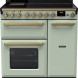 Falcon Estel Deluxe 90 Inductie fornuis vooraanzicht met inductiekookplaat, bedieningsknoppen en twee ovens in mintgroen