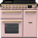 Falcon Estel Deluxe 90 Inductie fornuis vooraanzicht, roze uitvoering met dubbele oven en inductiekookplaat