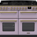 Falcon Estel Deluxe 110 Gas fornuis, vooraanzicht in lavendel met gaskookplaat, bedieningsknoppen en dubbele ovens