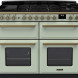 Falcon Estel Deluxe 110 Gas fornuis vooraanzicht in mintgroen met gaskookplaat, twee ovens en bedieningsknoppen