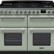Falcon Estel Deluxe 110 Gas fornuis vooraanzicht, lichtgroen met gaskookplaat, twee ovens en bedieningsknoppen