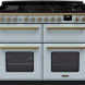 Falcon Estel Deluxe 110 Gas fornuis vooraanzicht met gasfornuis, bedieningspaneel en twee ovens in lichtblauwe afwerking