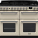 Falcon Estel Deluxe 110 Gas fornuis vooraanzicht creme met zwart, gasplaat bovenaan en twee ovens onderaan